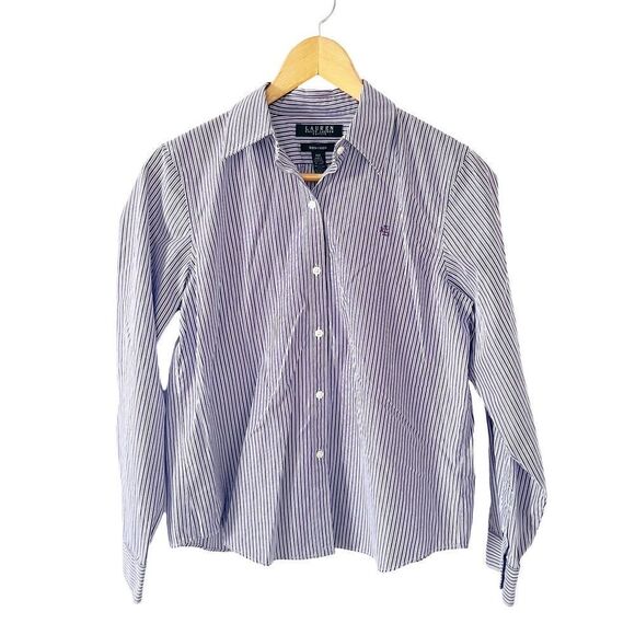 Lauren Ralph Lauren Petites Purple White Pinstripe Non Iron Cotton Dress Shirt - Picture 1 of 6